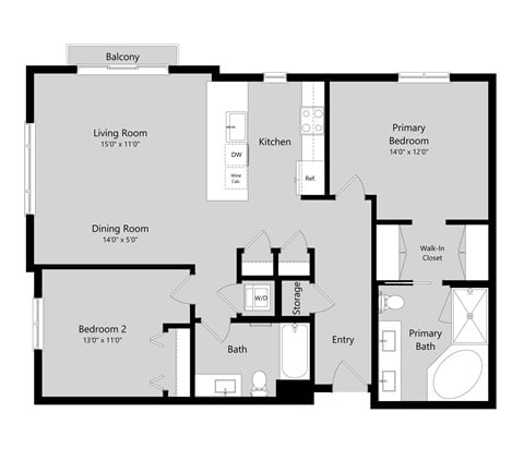Floor plan for 2 beds, 2 baths, 1197 sqft